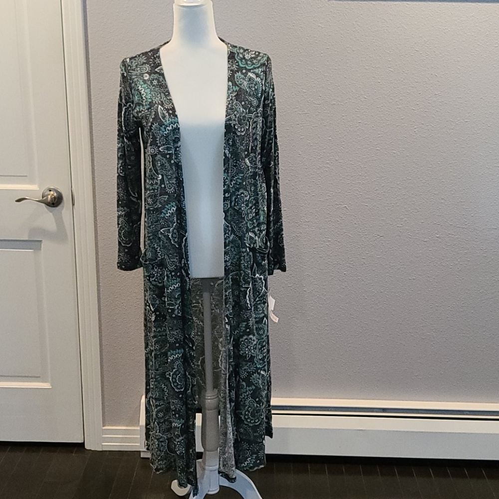 NWT LuLaRoe Grey & Teal Sarah Cardigan Size Small